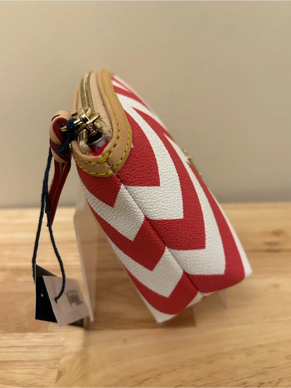 Dooney & Bourke Red and White Chevron Pouch with Tan Trim